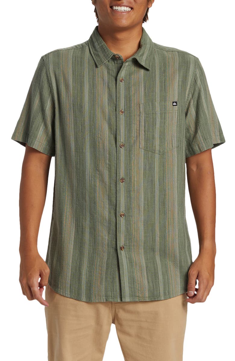 Quiksilver Pyke Stripe Short Sleeve Organic Cotton Button-Up Shirt, Main, color, 