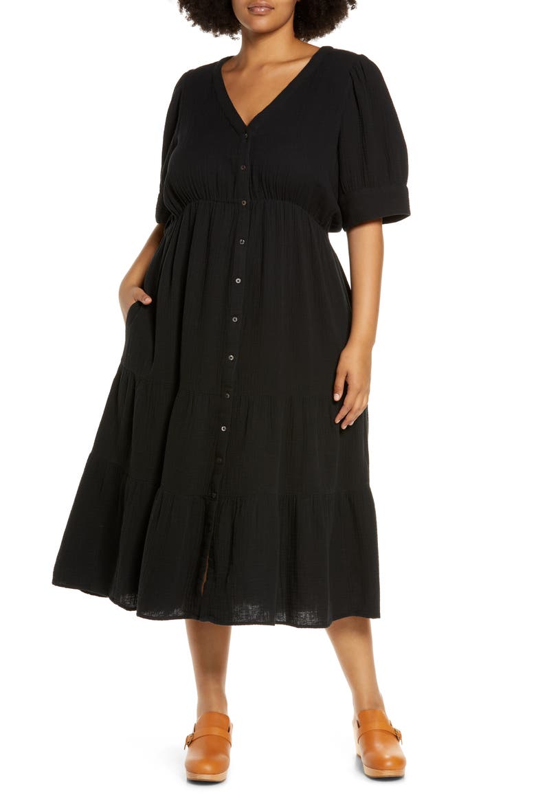 Lightspun Tiered Button Front Midi Dress, Main, color, TRUE BLACK