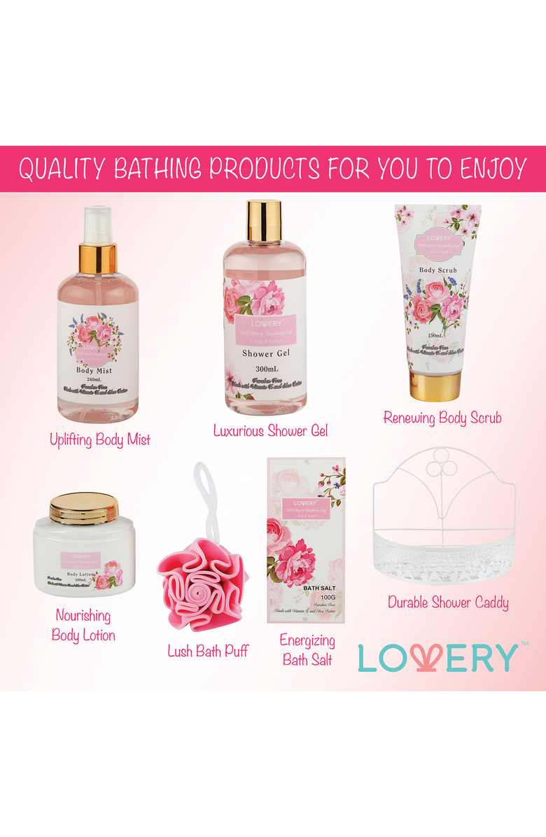 Lovery Wild Rose & Raspberry Leaf 7pc Home Spa Gift Basket, Alternate, color, Pink Floral Design