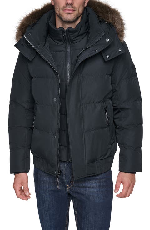 Hooded Down & Feather Fill Bomber Jacket with Faux Fur Trim