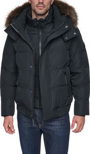 Andrew Marc Hooded Down & Feather Fill Bomber Jacket with Faux Fur Trim
