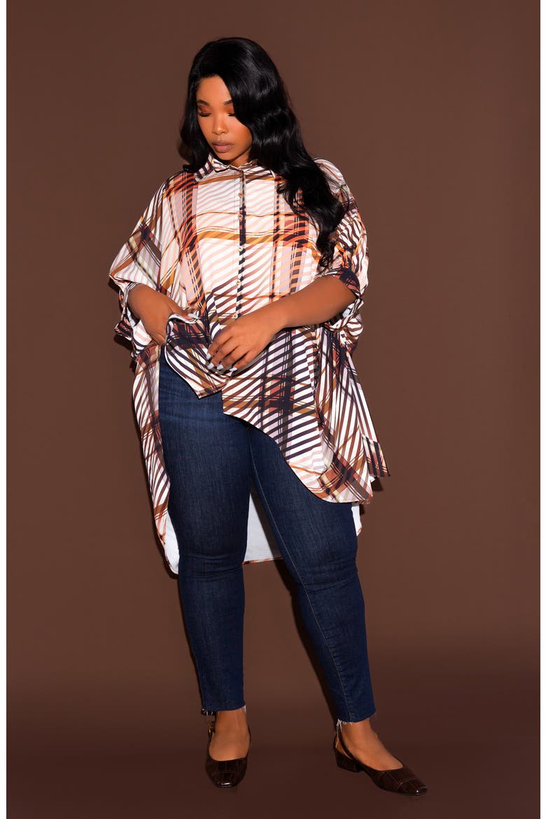Mixed Geo Print High-Low Button-Up Shirt, Alternate, color, BROWN MULTI