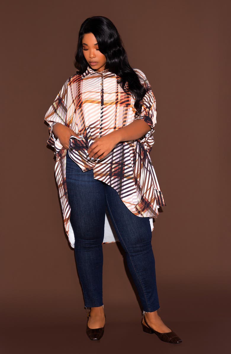 BUXOM COUTURE Mixed Geo Print High-Low Button-Up Shirt, Alternate, color, Brown Multi