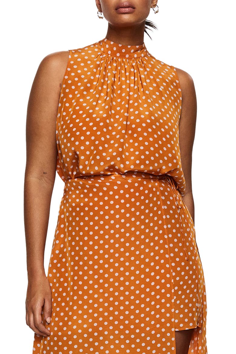 Polka Dot Satin Sleeveless Blouse, Alternate, color, BROWN