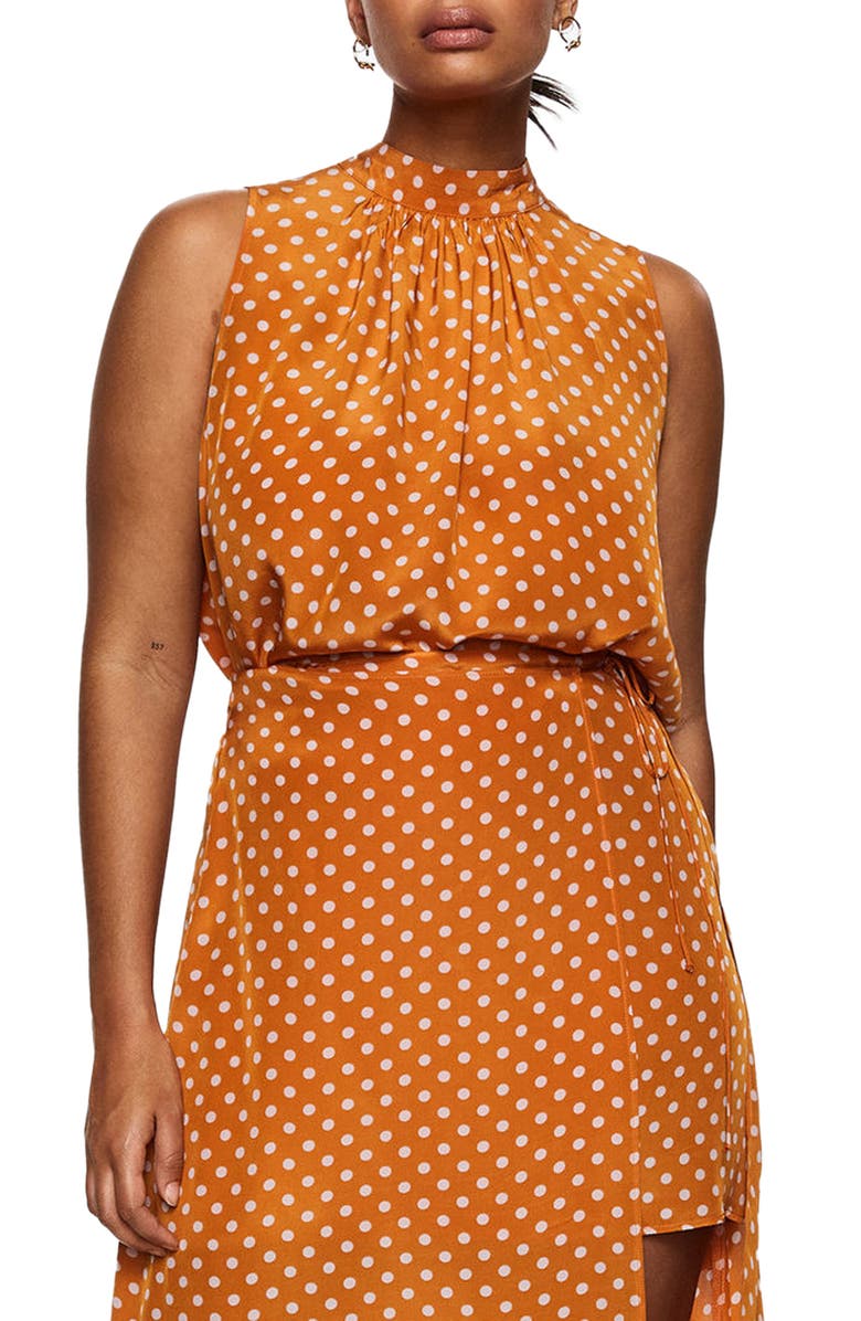 MANGO Polka Dot Satin Sleeveless Blouse, Alternate, color, Brown