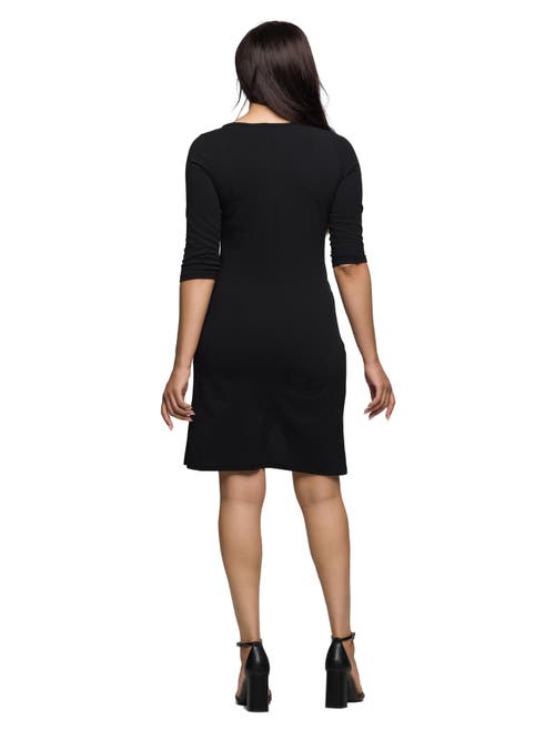 24seven Comfort Apparel Three Quarter Sleeve Ruched Tulip Hem Mini Dress In Black