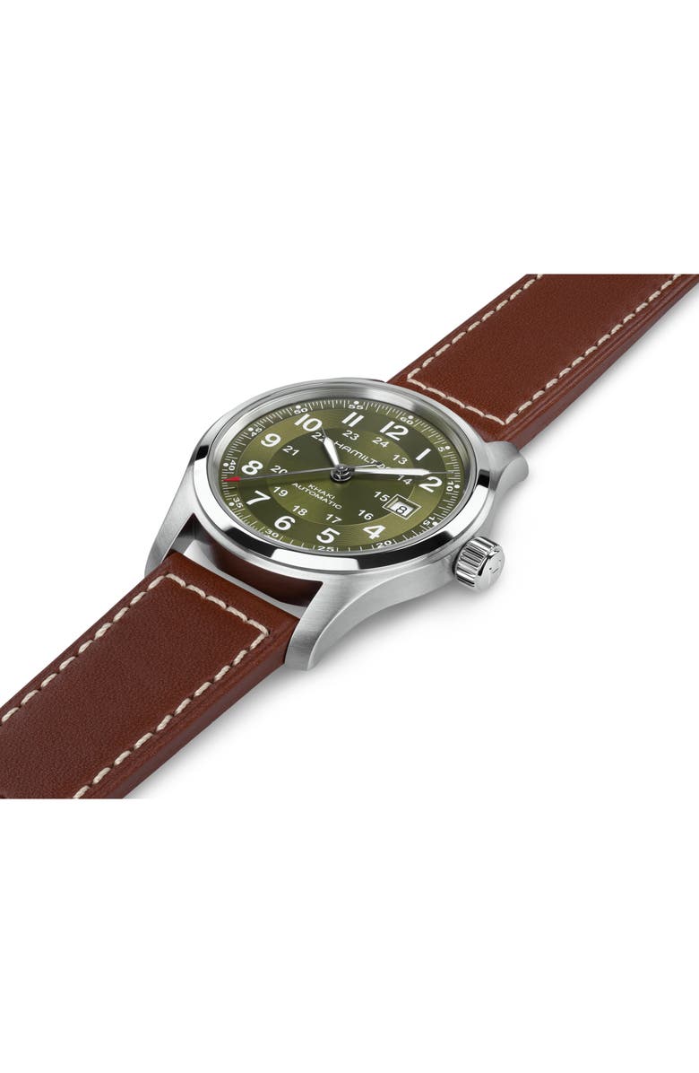 Hamilton Khaki Field Automatic Leather Strap Watch, 42mm, Alternate, color, Green