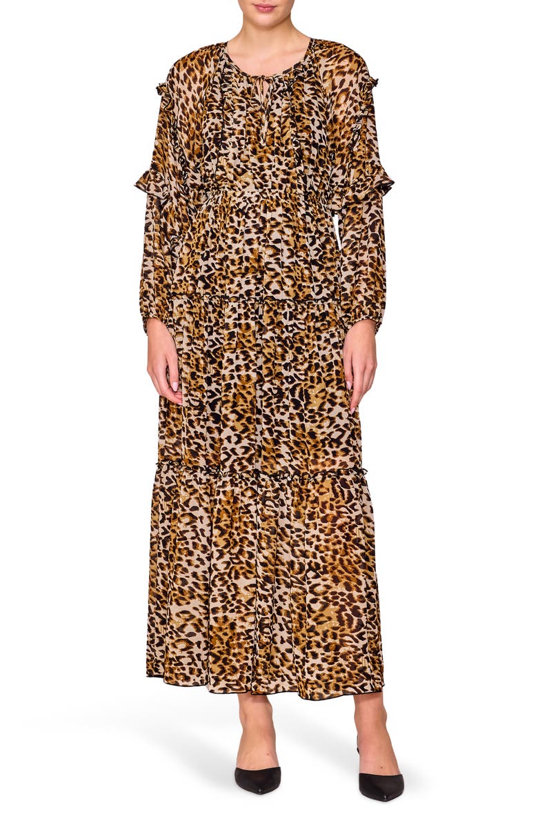MELLODAY Front Tie Long Sleeve Dress, Main, color, Cheetah Print