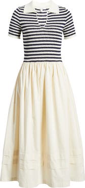 ZOE AND CLAIRE Hybrid Stripe Pointelle Rib & Woven Dress
