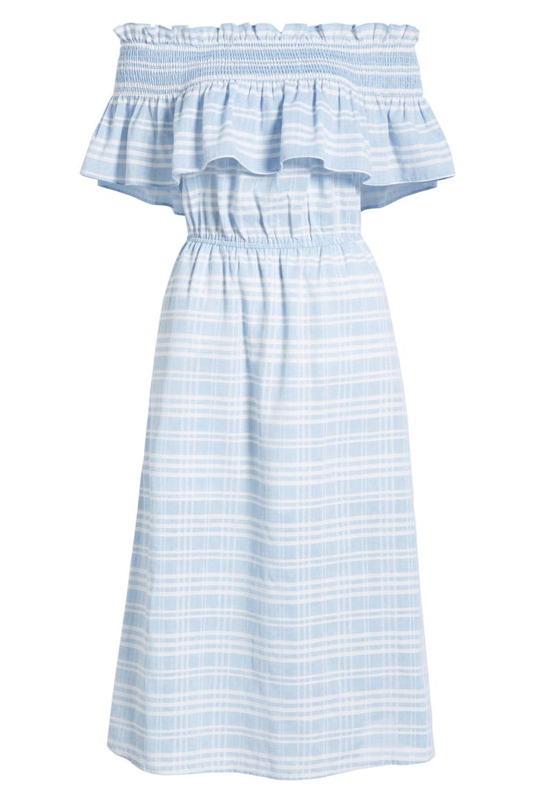 Off the Shoulder Smocked Midi Dress, Alternate, color, BLUE