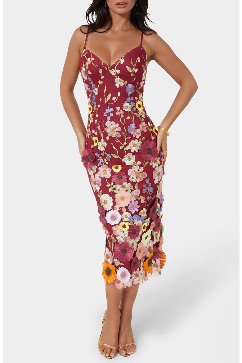 3D Flower Embroidered Midi Dress, Main, color, BURGUNDY / MULTI