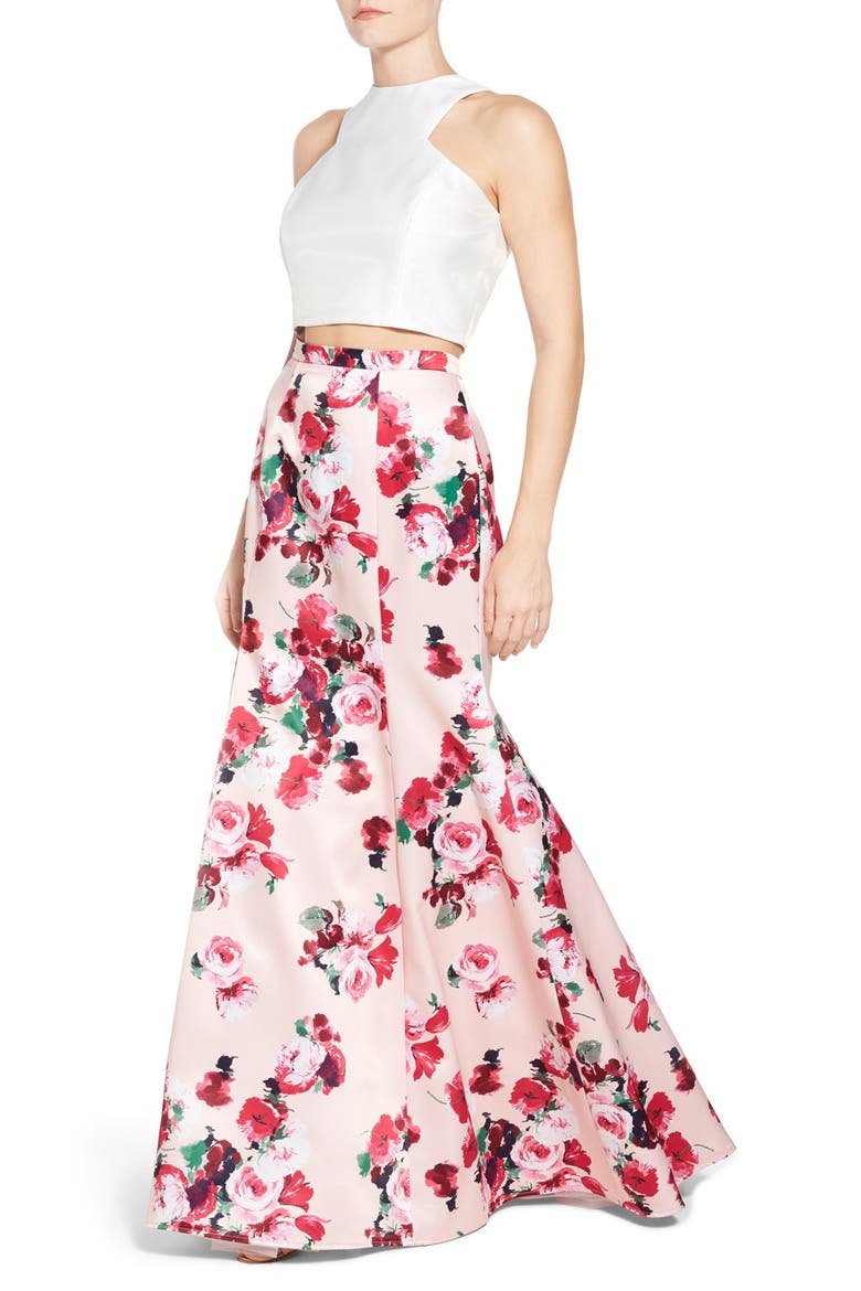 Xscape Floral Satin Two-Piece Ballgown, Alternate, color, PINK