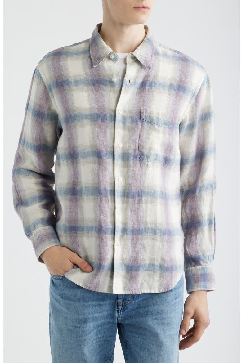 Linen & Organic Cotton Button-Up Shirt, Alternate, color, PURPLE OMBRE PLAID