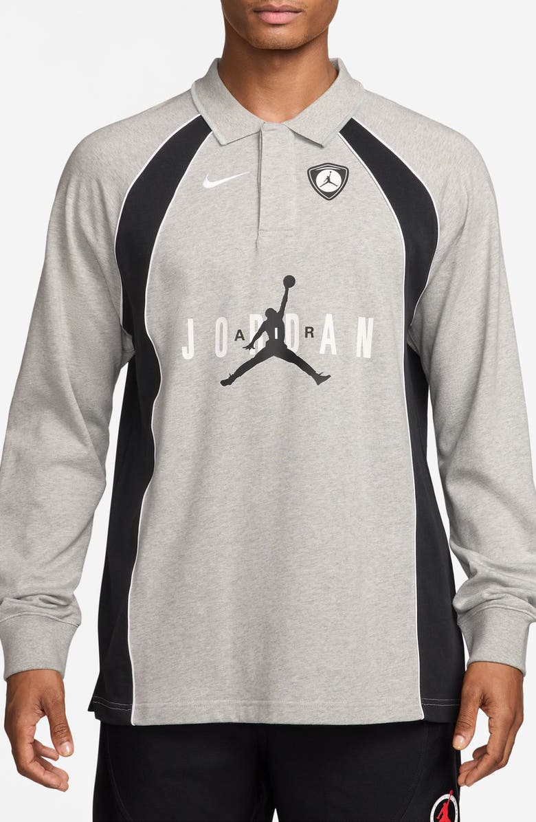 Jordan Flight Long Sleeve Cotton Polo, Main, color, Grey Heather/ Black/ Black