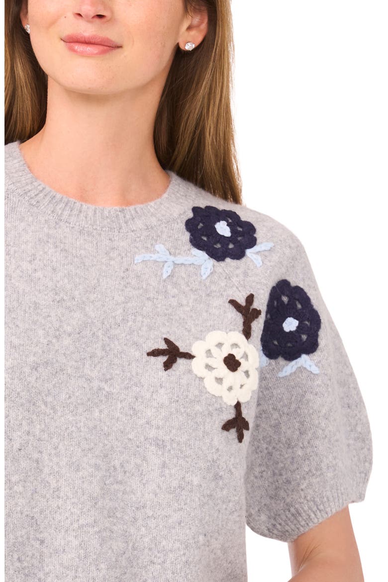 Floral Embroidered Short Sleeve Sweater, Alternate, color, LIGHT HEATHER GREY