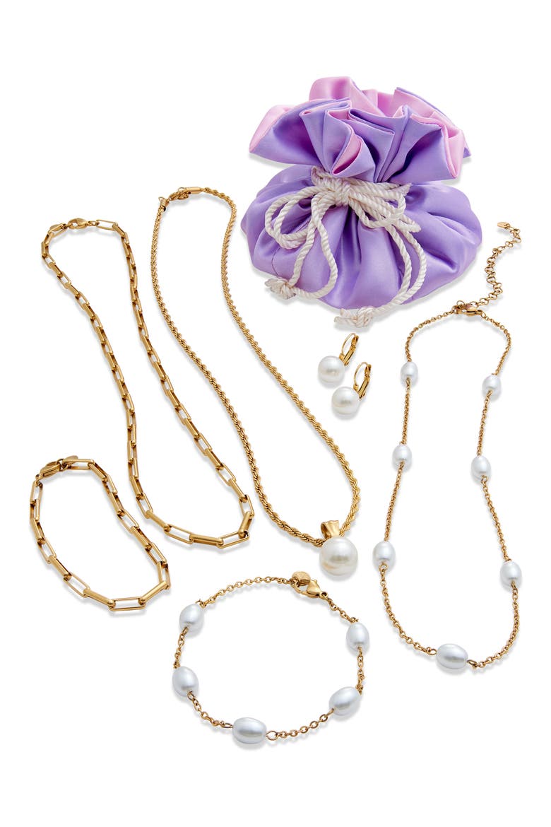 Faux Pearl & Mother-of-Pearl Multilayer Chain Necklaces, Bracelets & Drop Earrings Set, Main, color, YELLOW