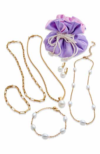 SAVVY CIE JEWELS Faux Pearl & Mother-of-Pearl Multilayer Chain Necklaces, Bracelets & Drop Earrings Set