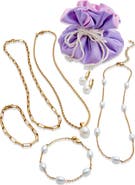 SAVVY CIE JEWELS Faux Pearl & Mother-of-Pearl Multilayer Chain Necklaces, Bracelets & Drop Earrings Set