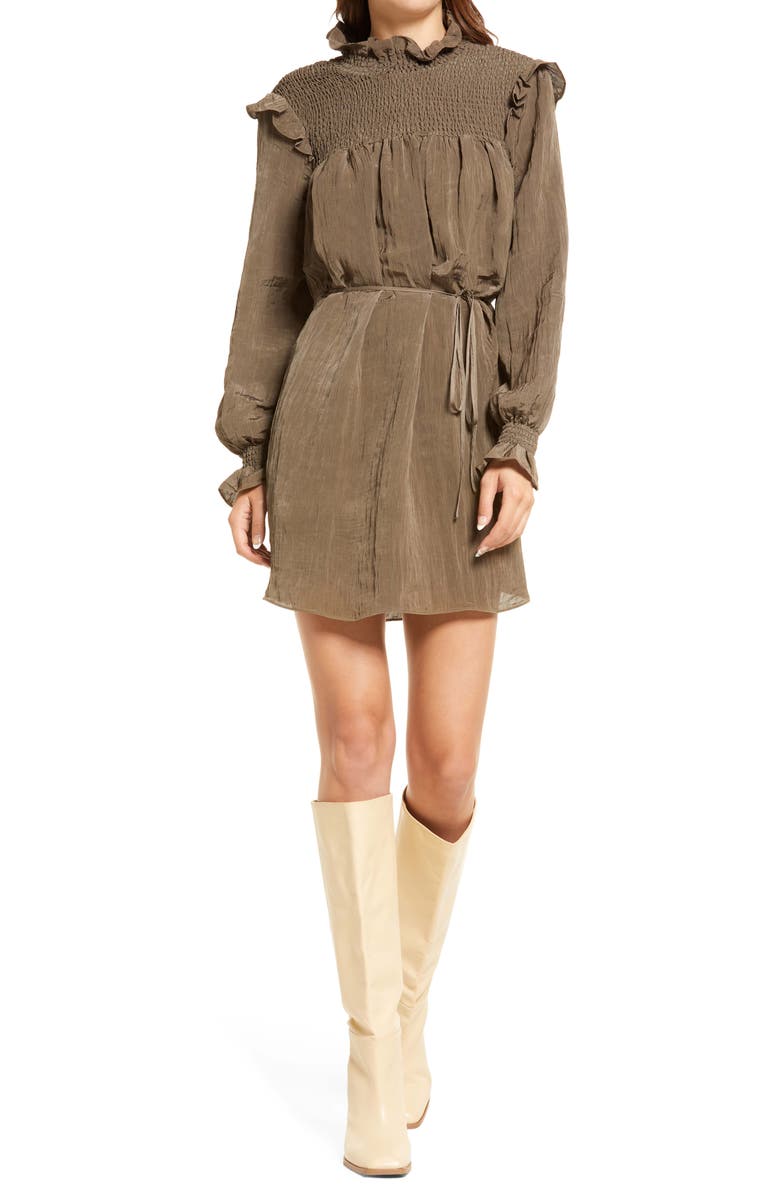 French Connection Boza Smock Detail Long Sleeve Dress, Main, color, Deep Moss
