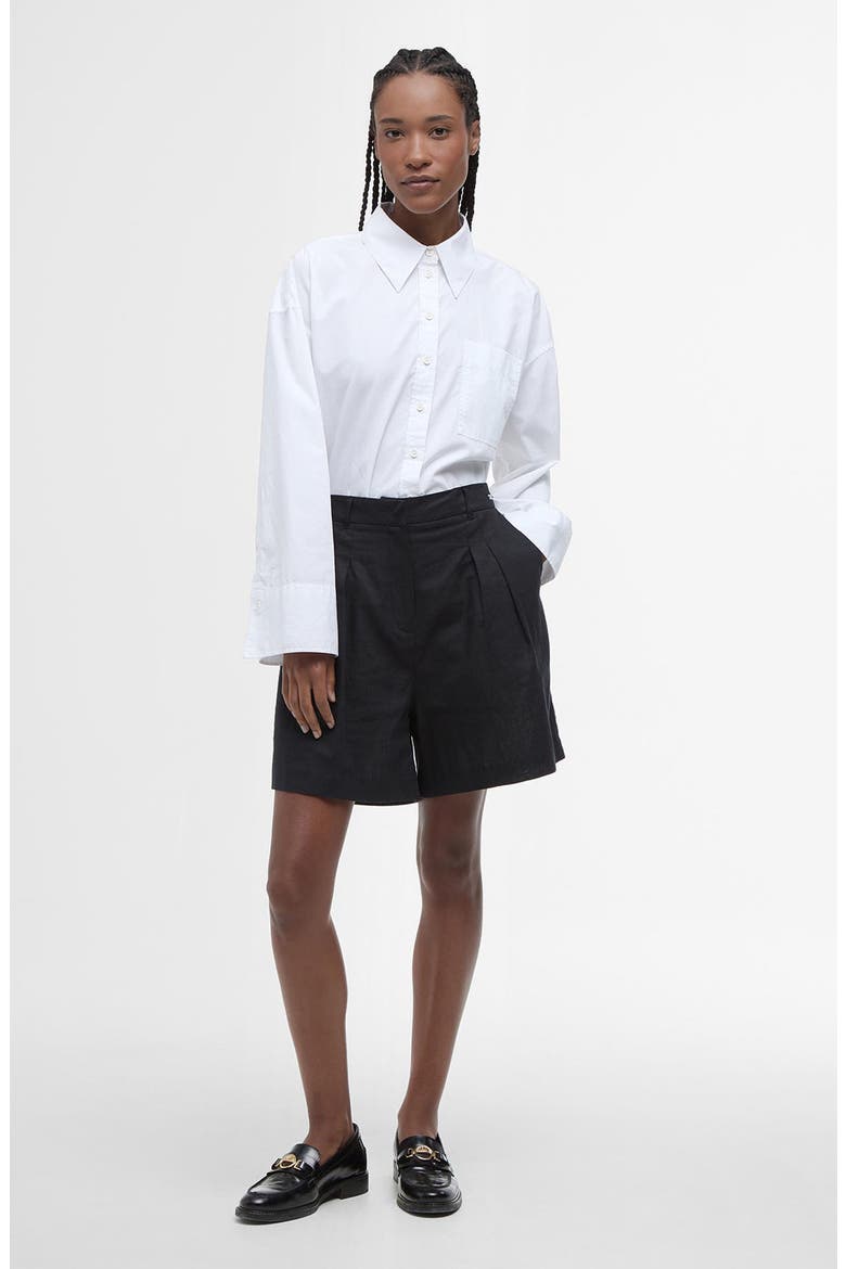 Luna Pleated Cotton & Linen Shorts, Alternate, color, BLACK