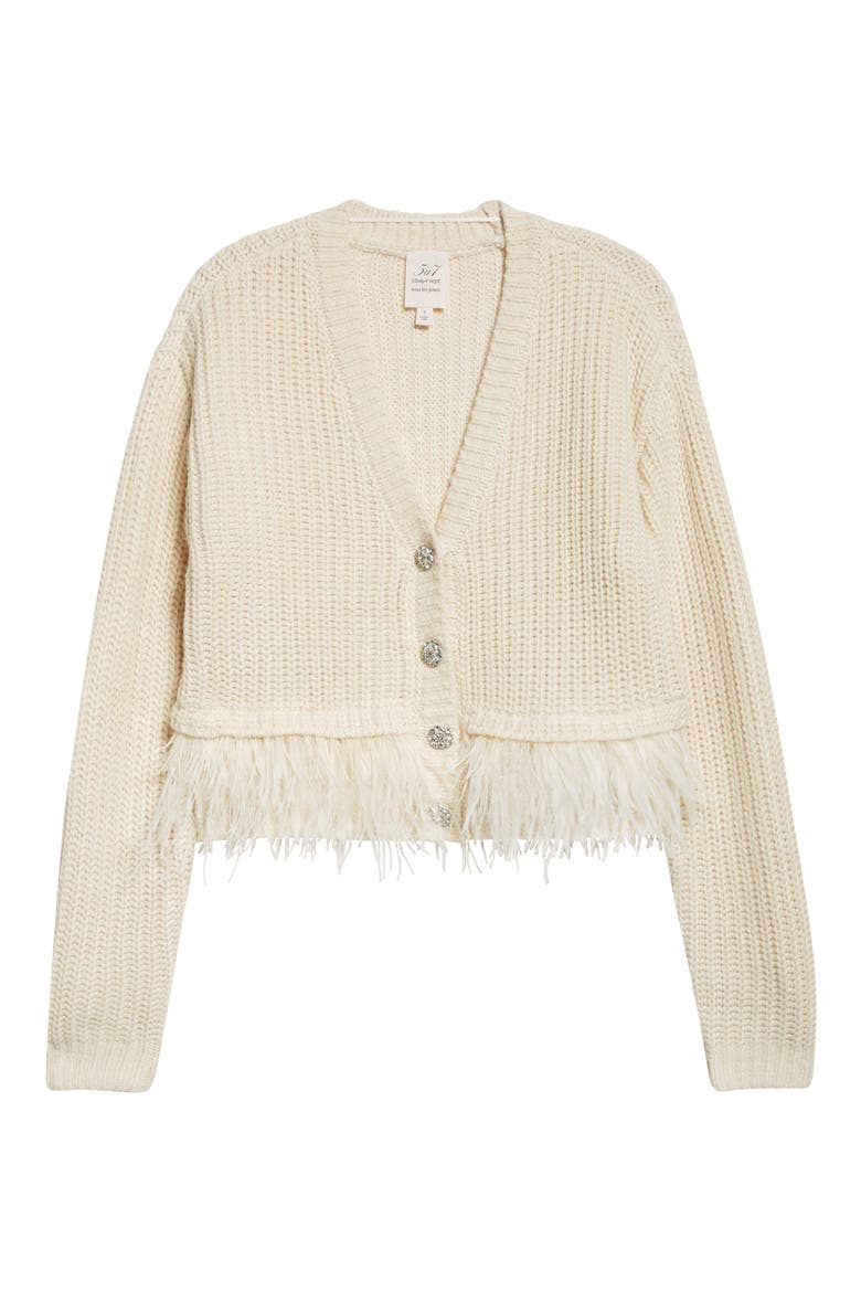 Krissi Embellished Button Feather Trim Cardigan, Alternate, color, GARDENIA