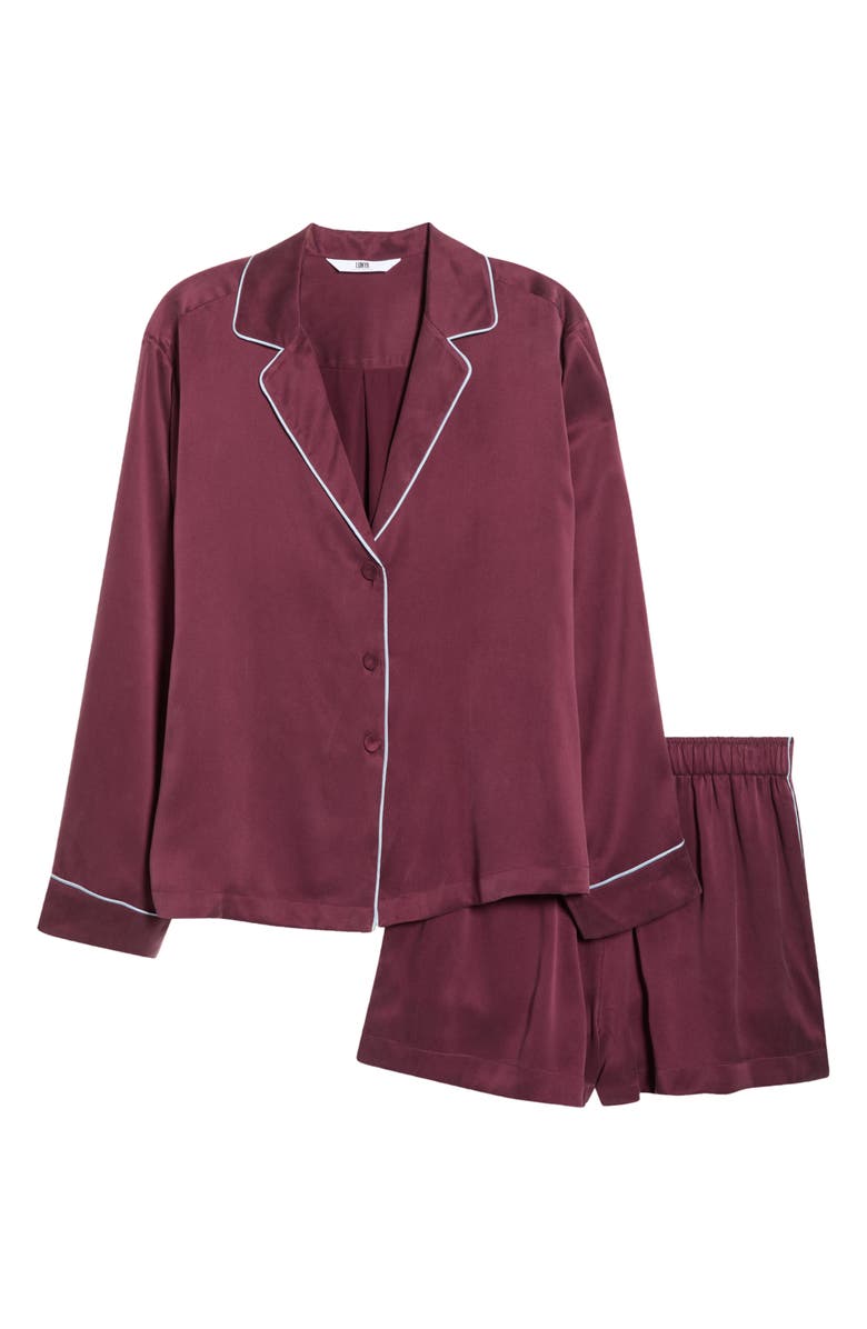 Lunya Piped Washable Silk Button-Up Short Pajamas, Alternate, color, Vintage Merlot