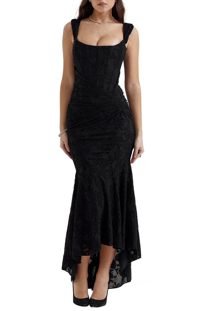 HOUSE OF CB Cesca Floral Ruched High-Low Corset Dress, Main, color, Black