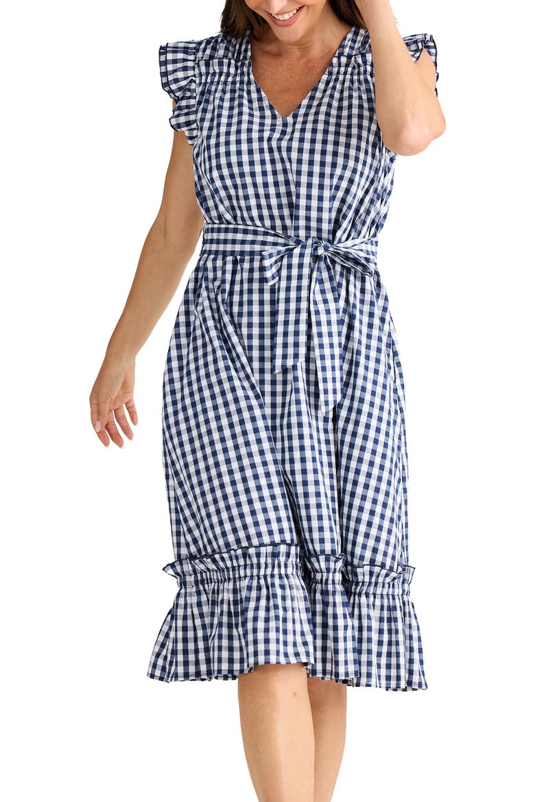 Paz Check Print Ruffle Dress, Alternate, color, NAVY GINGHAM