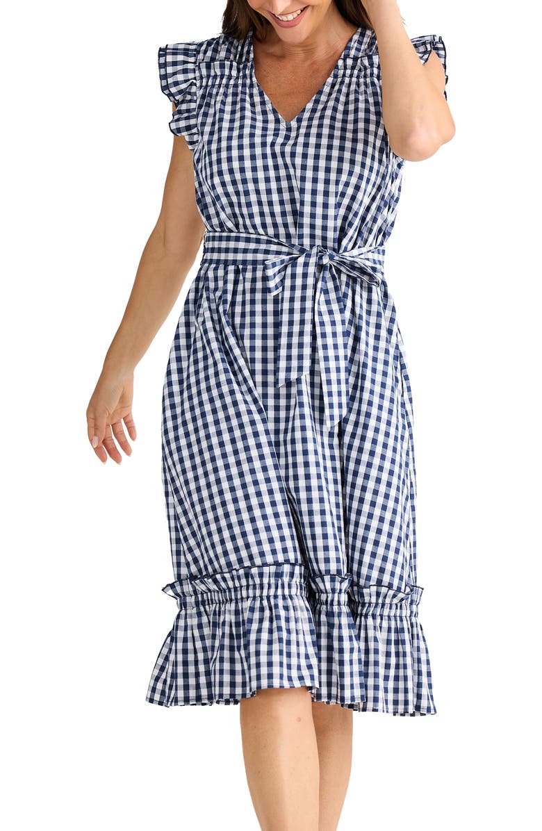 Brave+True Paz Check Print Ruffle Dress, Alternate, color, Navy Gingham