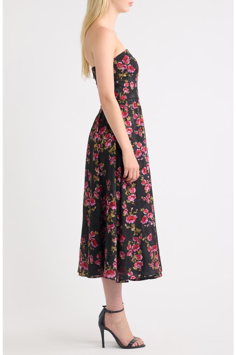 Elena Floral Strapless Cocktail Midi Dress, Alternate, color, BLACK FLORAL MULTI