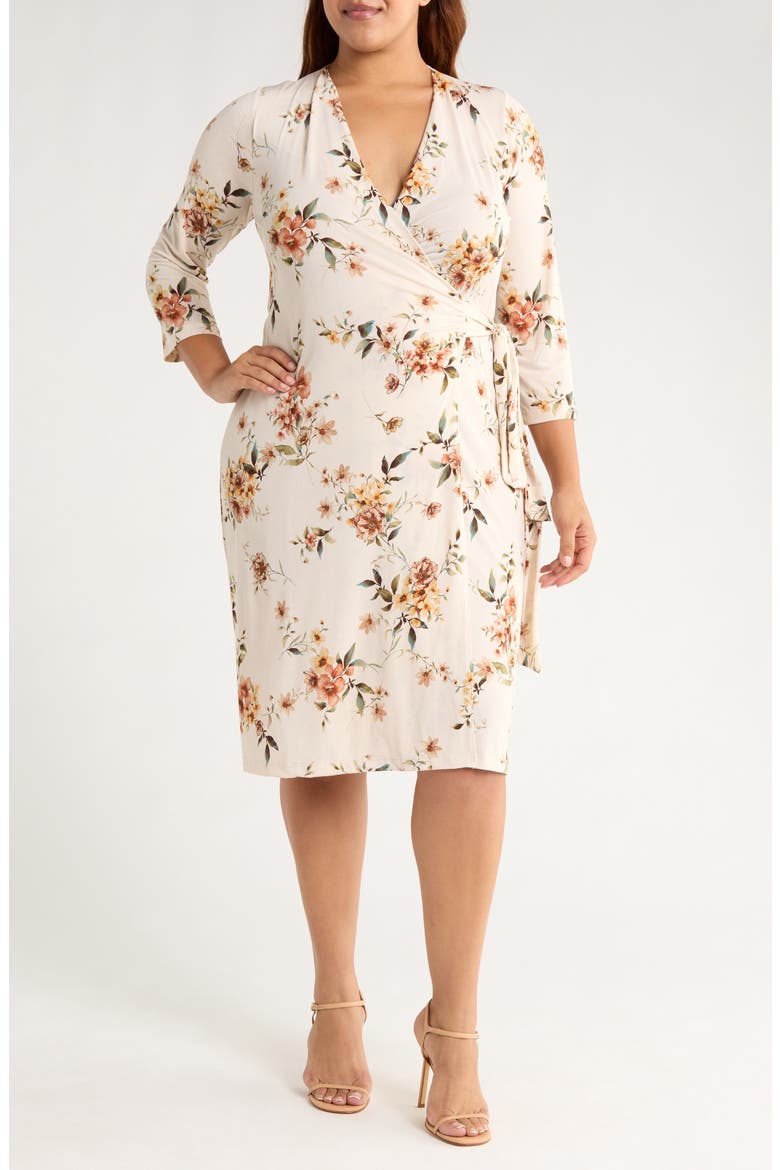 Floral Long Sleeve Jersey Wrap Dress, Main, color, IVORY