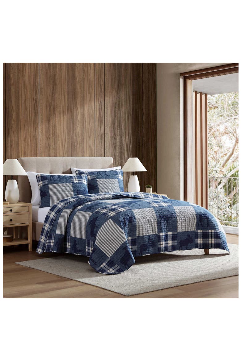 Moose Plaid Pinstripe Patchwork Reversible Quilt & Sham Set, Alternate, color, BLUE MULTI