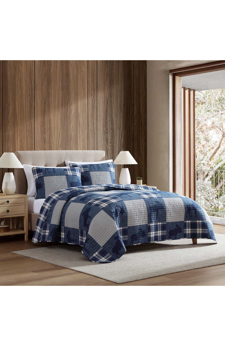 Eddie Bauer Moose Plaid Pinstripe Patchwork Reversible Quilt & Sham Set, Alternate, color, Blue Multi
