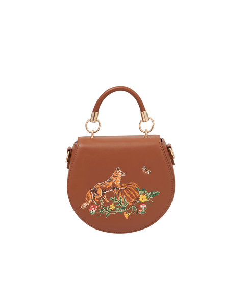 Fox & Pumpkin Embroidered Tan Saddle Bag