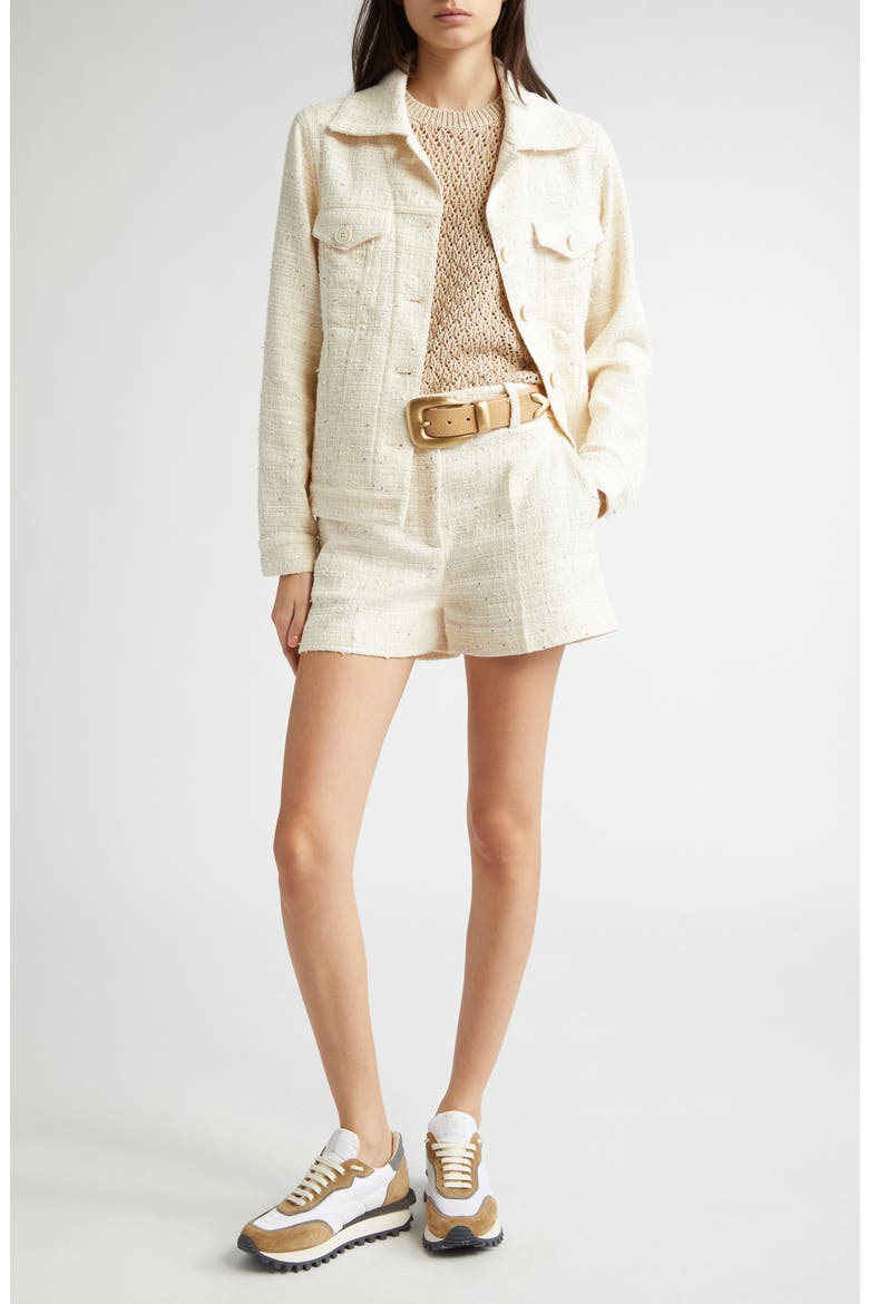 Sequin Tweed Crop Trucker Jacket, Alternate, color, OFF WHITE