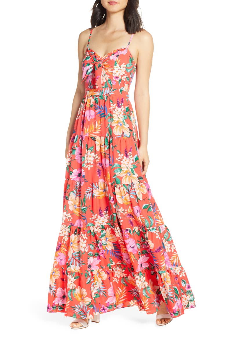 Floral Tie Front Tiered Maxi Sundress, Main, color, ORANGE