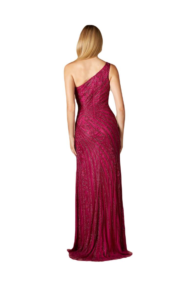 One-Shoulder Beaded Gown with Slit, Alternate, color, Fuchsia