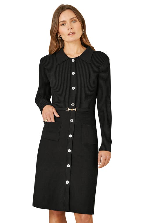 Yumi Belted Rib Knit Midi Dress With Pockets In Black