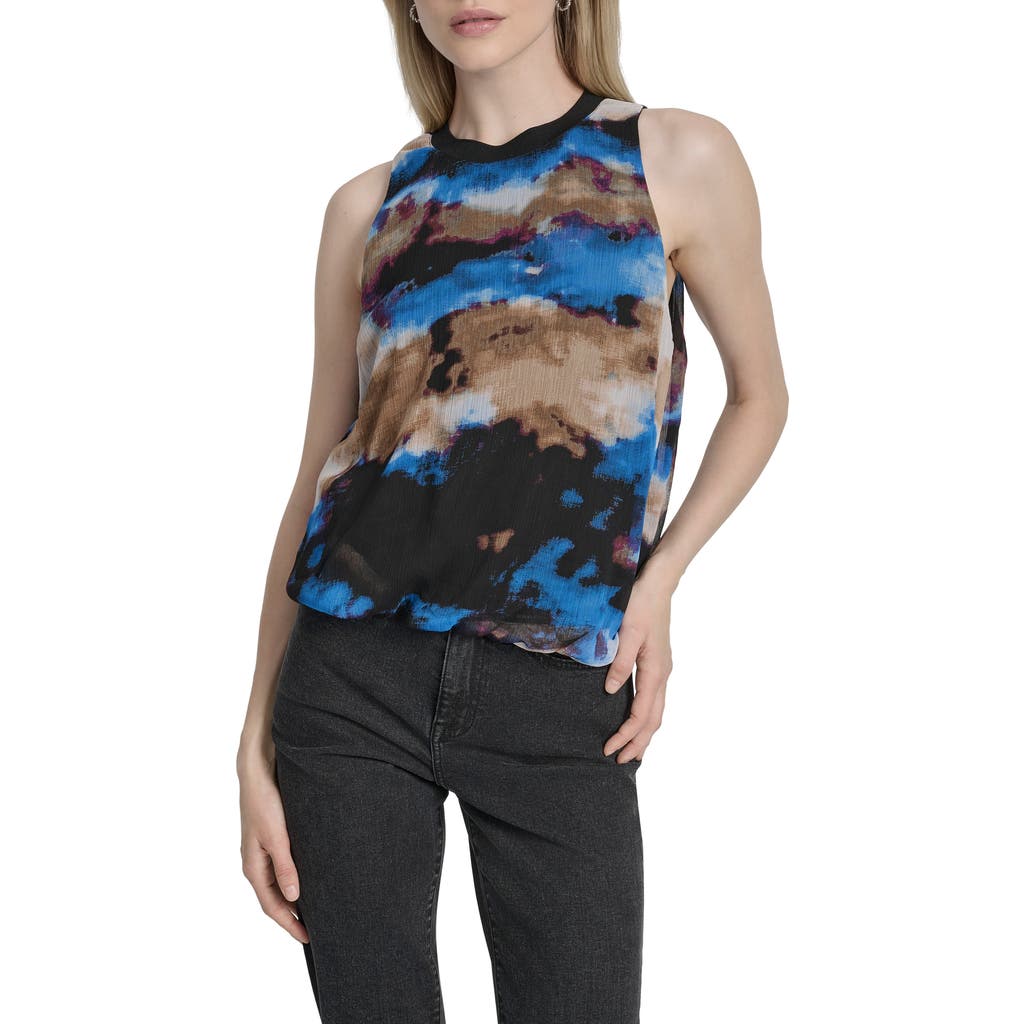 Dkny Print Sleeveless Chiffon Bubble Top In Blue