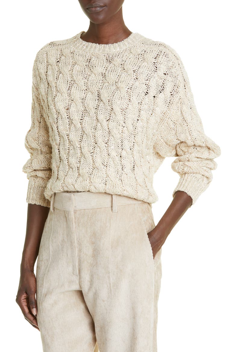 Sequin Cable Knit Silk & Linen Blend Sweater, Alternate, color, CBU80-LIGHT BEIGE