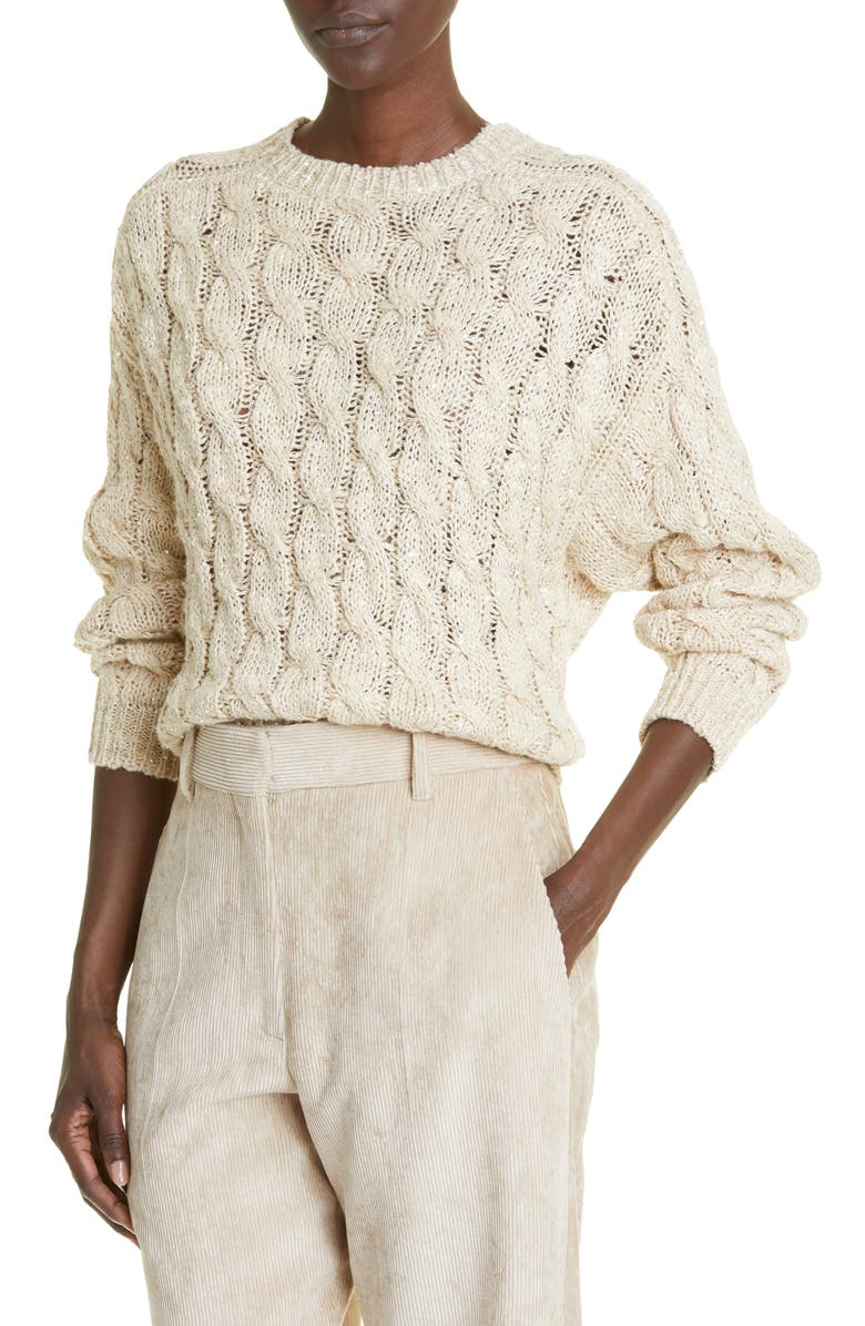 Brunello Cucinelli Sequin Cable Knit Silk & Linen Blend Sweater, Alternate, color,