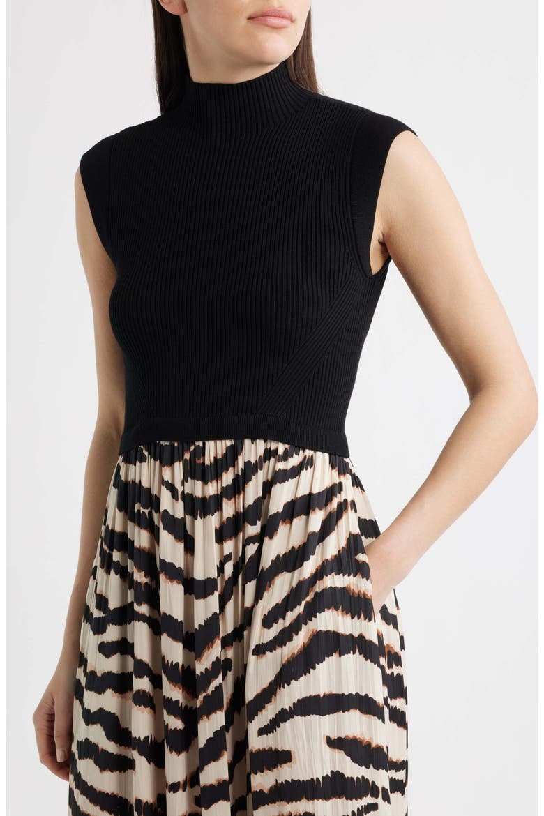 Mock Neck Cap Sleeve Midi Dress, Alternate, color, BLACK MULTI