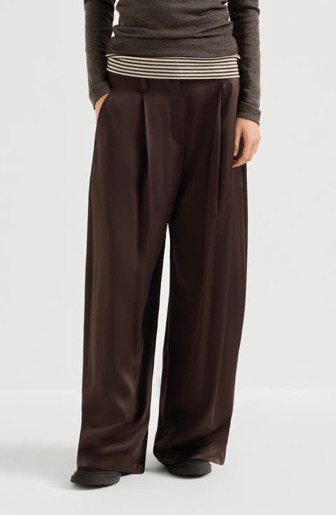 Silk satin pleated barrel trousers with monili