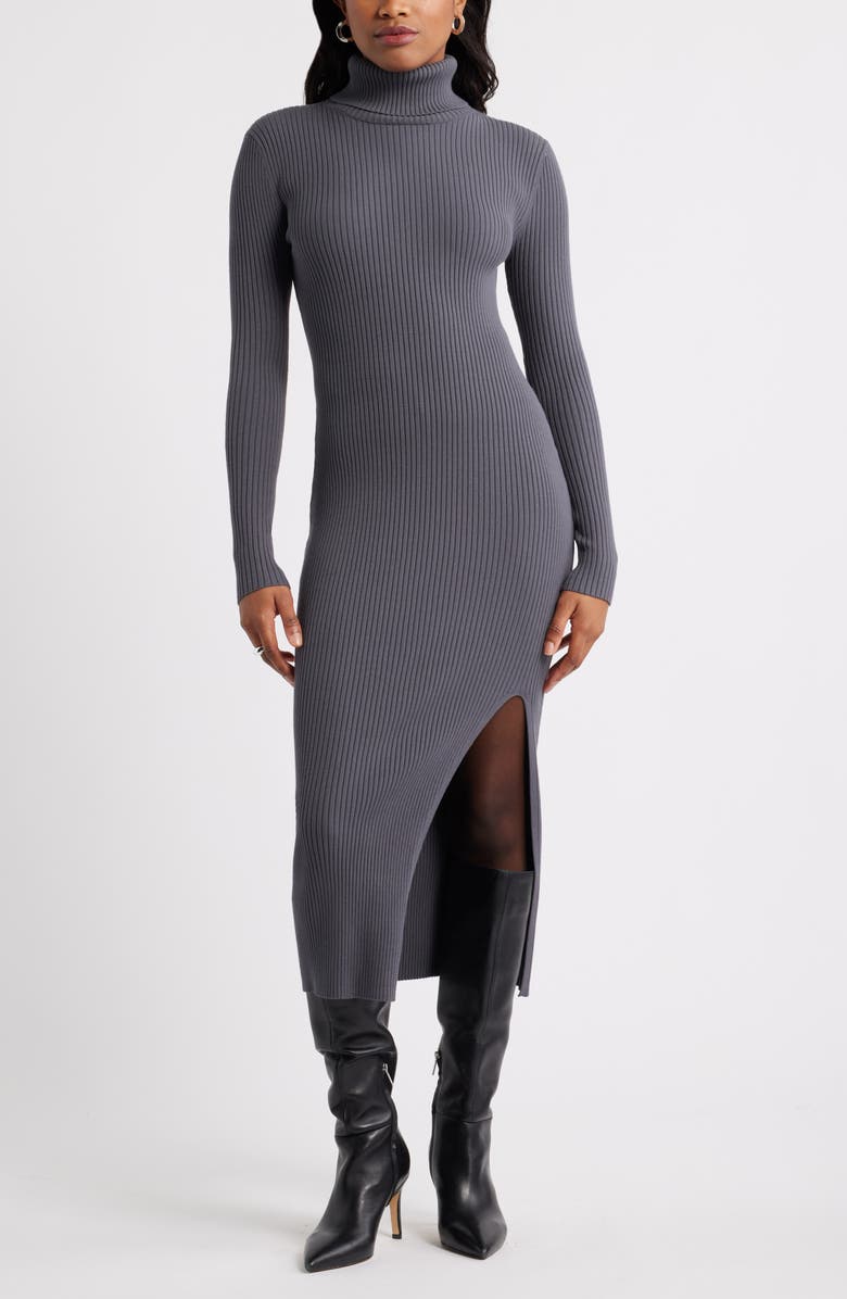 Open Edit Rib Long Sleeve Turtleneck Sweater Dress, Main, color, Grey Magnet