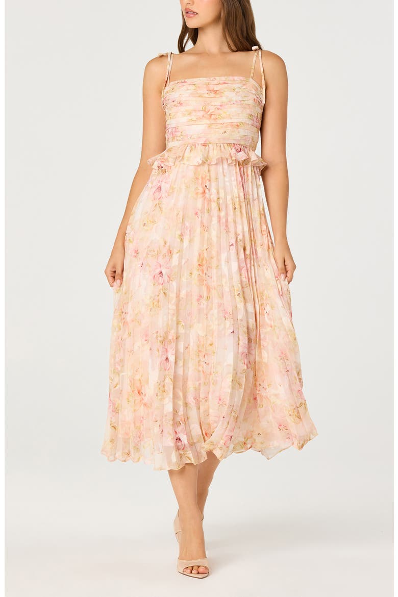 Emerys Metallic Floral Pleated Midi Dress, Main, color, PINK FLRAL