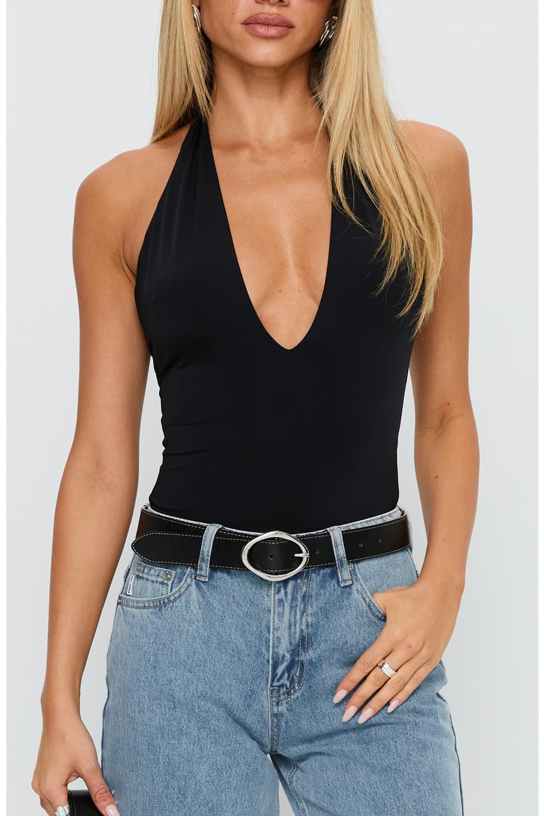 Kendrae Plunge Neck Halter Bodysuit, Main, color, BLACK