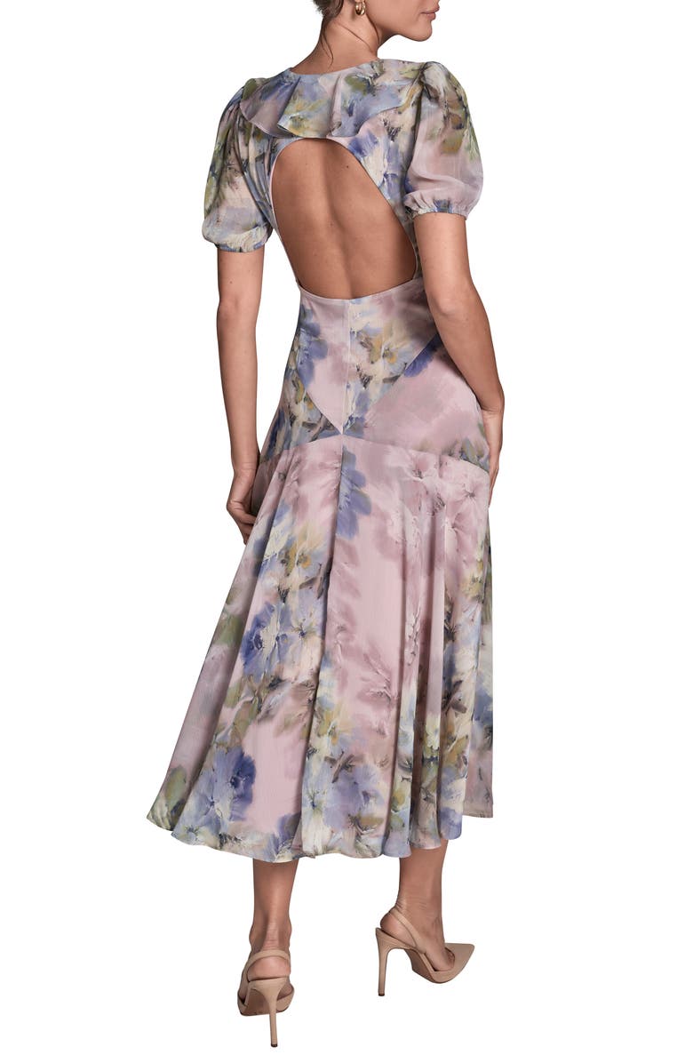 BCBG Floral Open Back Ruffle Midi Dress, Alternate, color, Lilac/ Sapphire Blue Multi