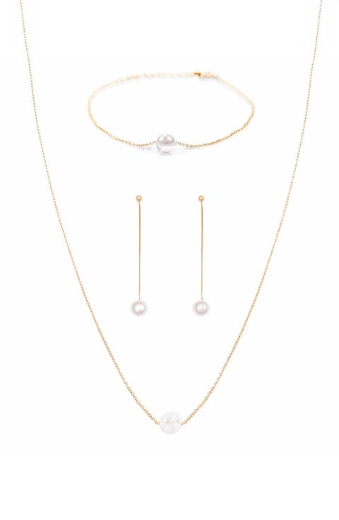 Sterling Silver 18k Gold Plated Abby Pearl Necklace, Bracelet & Dangled Drop Earring Set Holiday Gift Idea