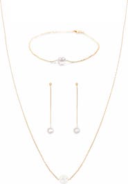 Bearfruit Jewelry Sterling Silver 18k Gold Plated Abby Pearl Necklace, Bracelet & Dangled Drop Earring Set