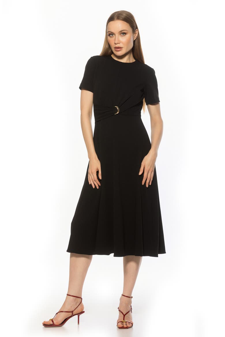 Xi Gathered Waist Midi Dress, Alternate, color, BLACK